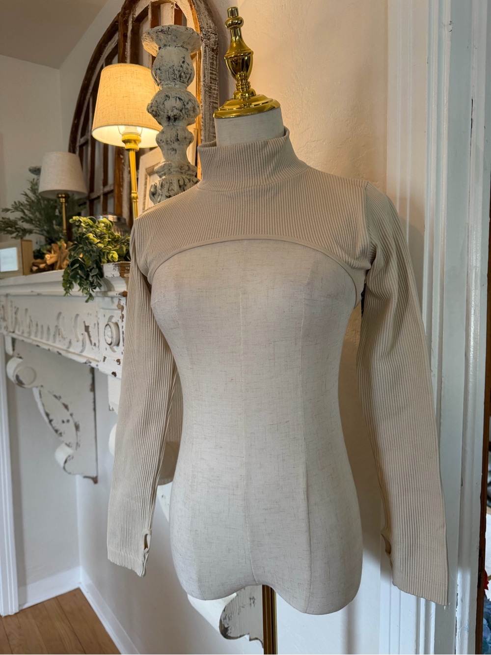 Ribbed Mock Neck Bolero Shrug - Cream